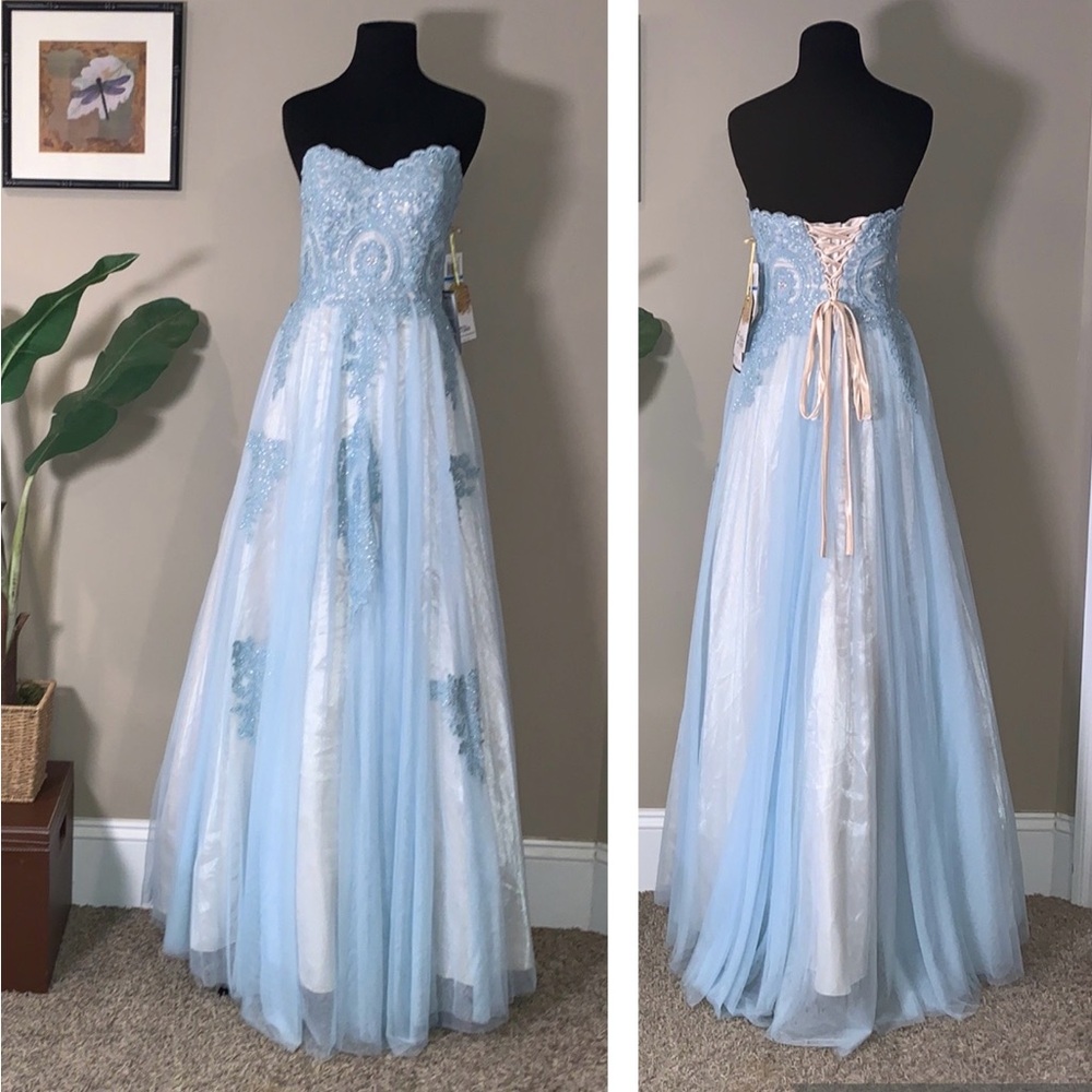 NWT Say Yes to the Prom Blue & Cream Strapless Embellished Corset Ballgown Dress